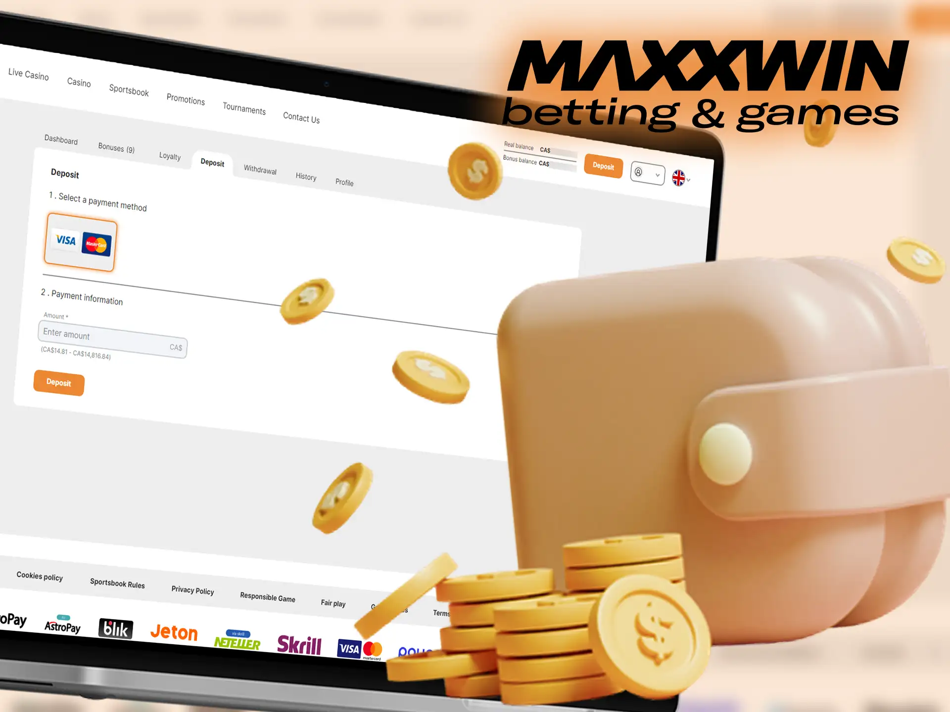 Maxxwin offers convenient options for adding funds and accessing your winnings in Canada.