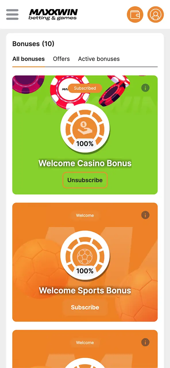 Choose your welcome bonus and activate it on Maxxwin.