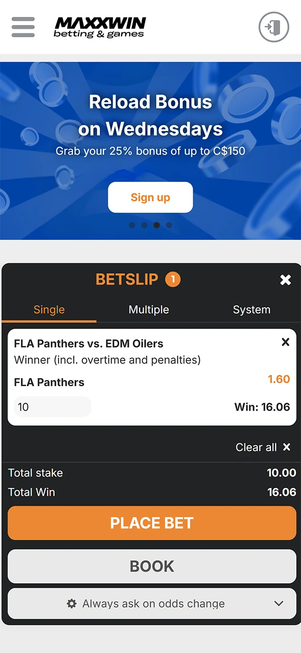 Specify the outcome of the match on Maxxwin.