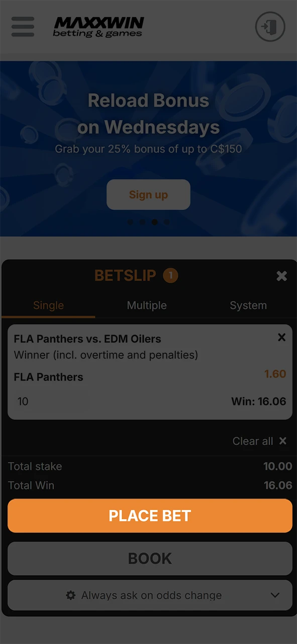 Enter the bet amount and click the button to bet on Maxxwin.